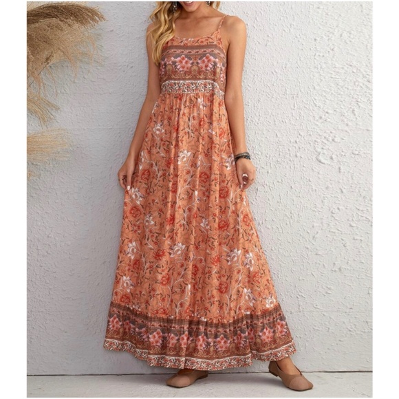 BellanBlue Dresses & Skirts - Boho Orange Floral Print Cami Maxi Dress Cottagecore